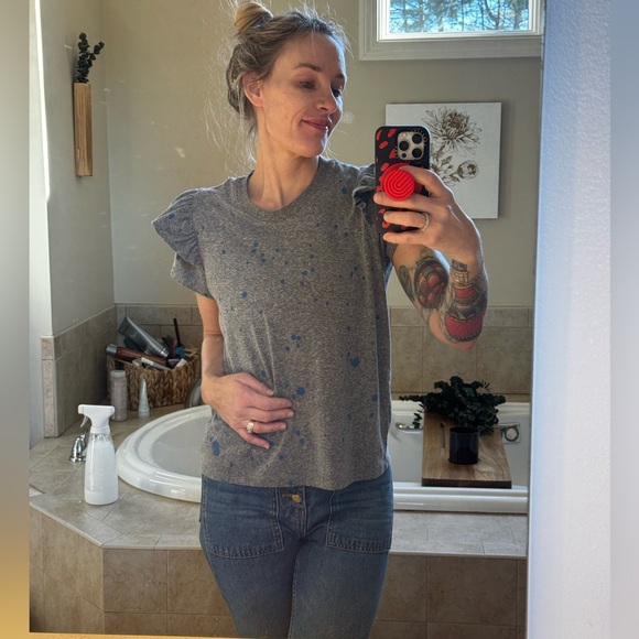 Clare V ruffle Grey and blue splattered T EUC - Picture 7 of 8